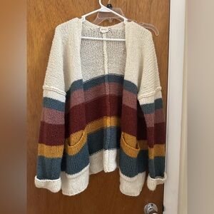 Pink Rose Cream Open Cardigan with Mustard, Teal & Burgundy Stripes